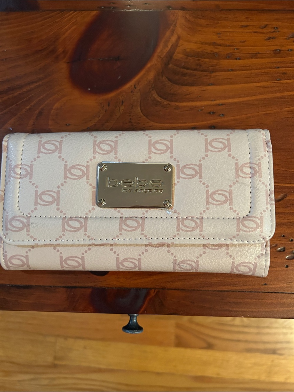 bebe Cream and Light Pink Logo Fold Wallet with Metal Plate